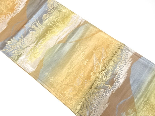 JAPANESE KIMONO / ANTIQUE FUKURO OBI / SILK / WOVEN CENERY OF COUNTRYSIDE